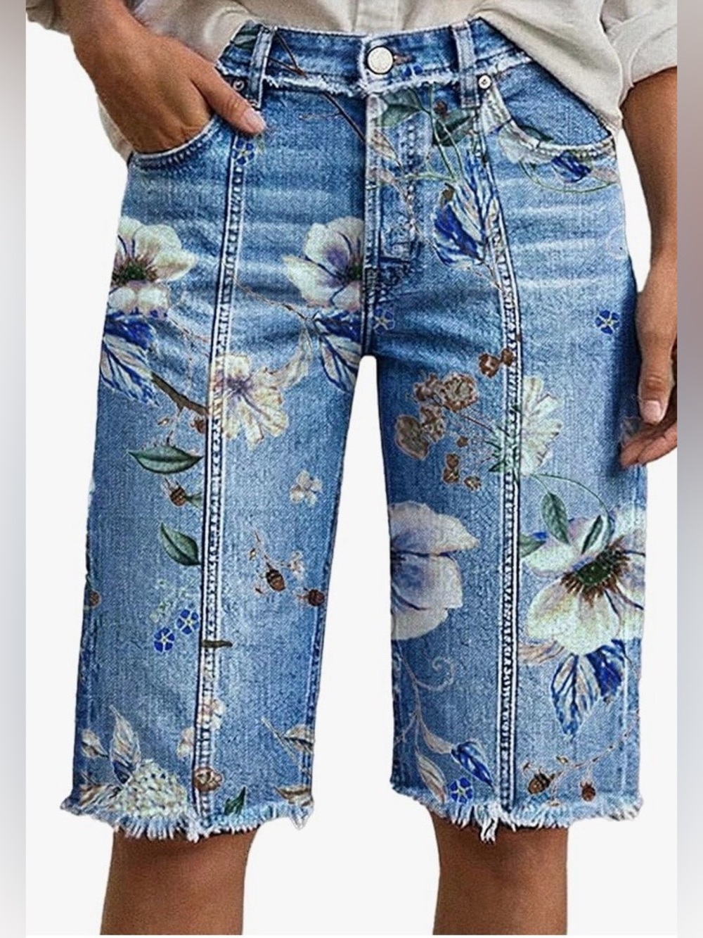 Flamingals Seam Front Raw Hem and Waistband Floral Print Denim Bermuda Shorts